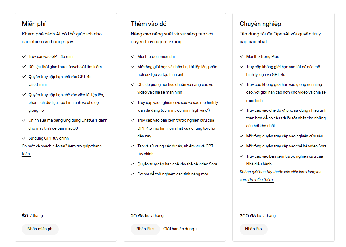 các gói cước của chat gpt